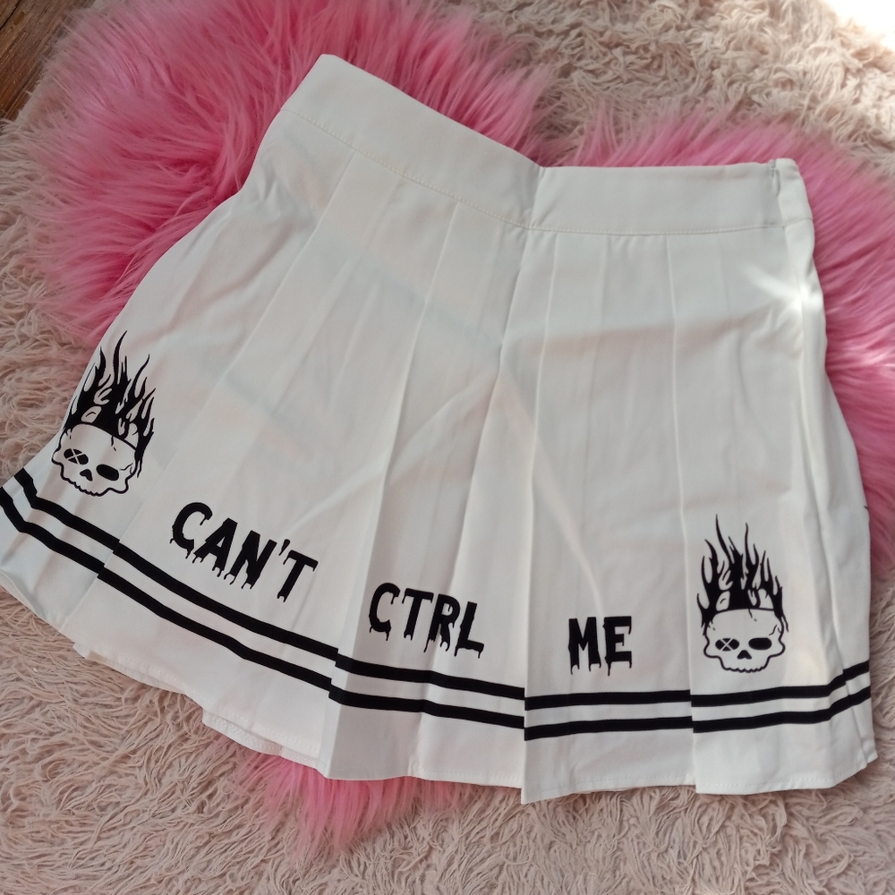 Pleated "Can't control me" cyber goth skirt w flaming skulls! SOLD@hosted store - Picture 6 of 6